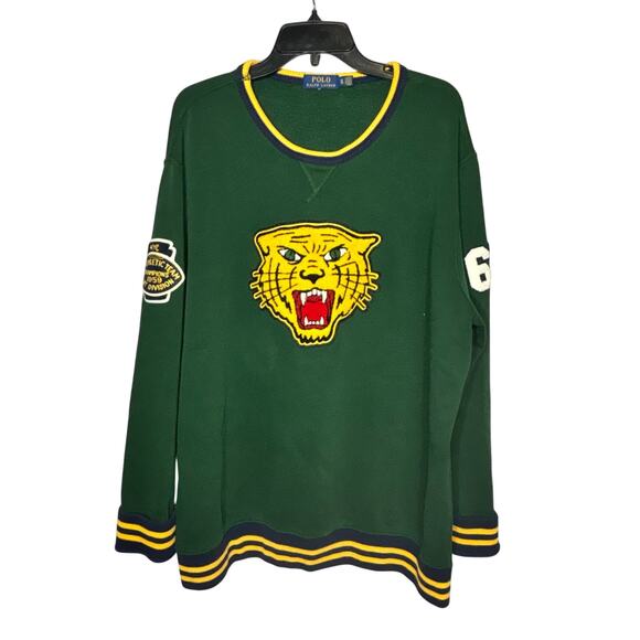 Ralph Lauren Polo Varsity Green Tiger Patch Pullover Crew Neck Sweatshirt XL - Picture 1 of 10
